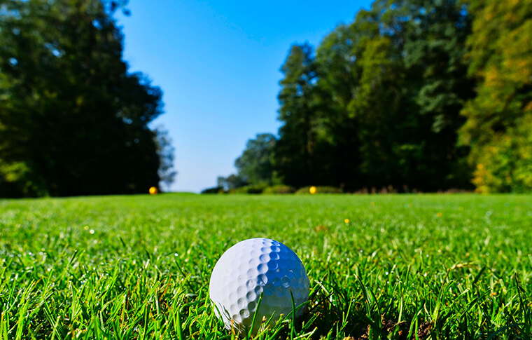 Golf ball lying in green grass on the fairway